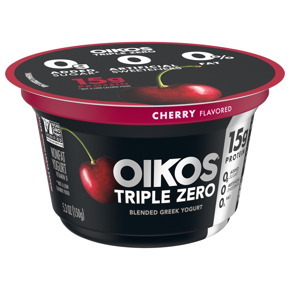 slide 7 of 9, Oikos Triple Zero Cherry Nonfat Greek Yogurt, 0% Fat, 0g Added Sugar and 0 Artificial Sweeteners, Just Delicious High Protein Yogurt, 5.3 OZ Cup, 5.3 oz