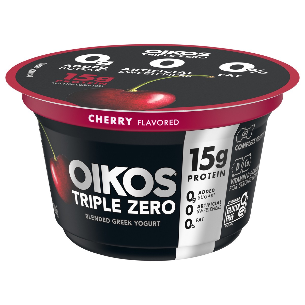 slide 4 of 9, Oikos Triple Zero Cherry Nonfat Greek Yogurt, 0% Fat, 0g Added Sugar and 0 Artificial Sweeteners, Just Delicious High Protein Yogurt, 5.3 OZ Cup, 5.3 oz