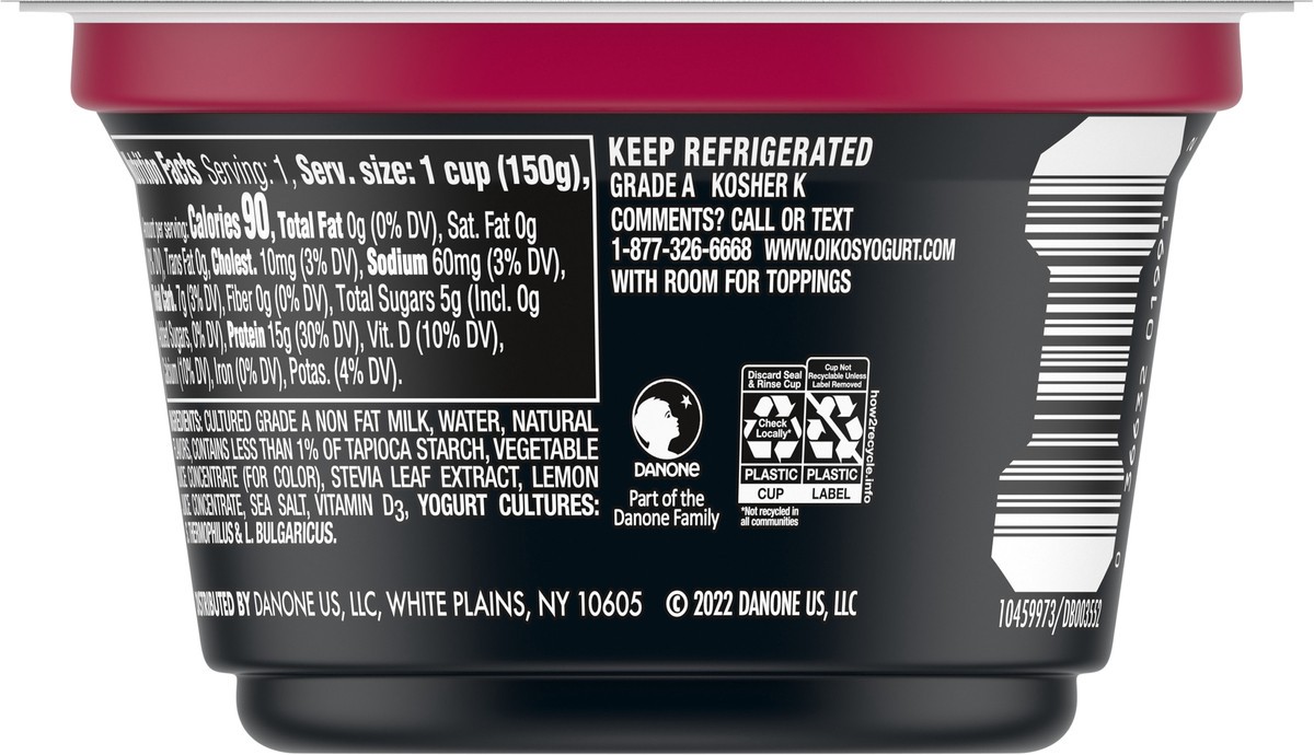 slide 9 of 9, Oikos Triple Zero Cherry Nonfat Greek Yogurt, 0% Fat, 0g Added Sugar and 0 Artificial Sweeteners, Just Delicious High Protein Yogurt, 5.3 OZ Cup, 5.3 oz