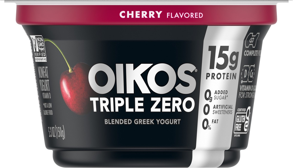 slide 3 of 9, Oikos Triple Zero Cherry Nonfat Greek Yogurt, 0% Fat, 0g Added Sugar and 0 Artificial Sweeteners, Just Delicious High Protein Yogurt, 5.3 OZ Cup, 5.3 oz