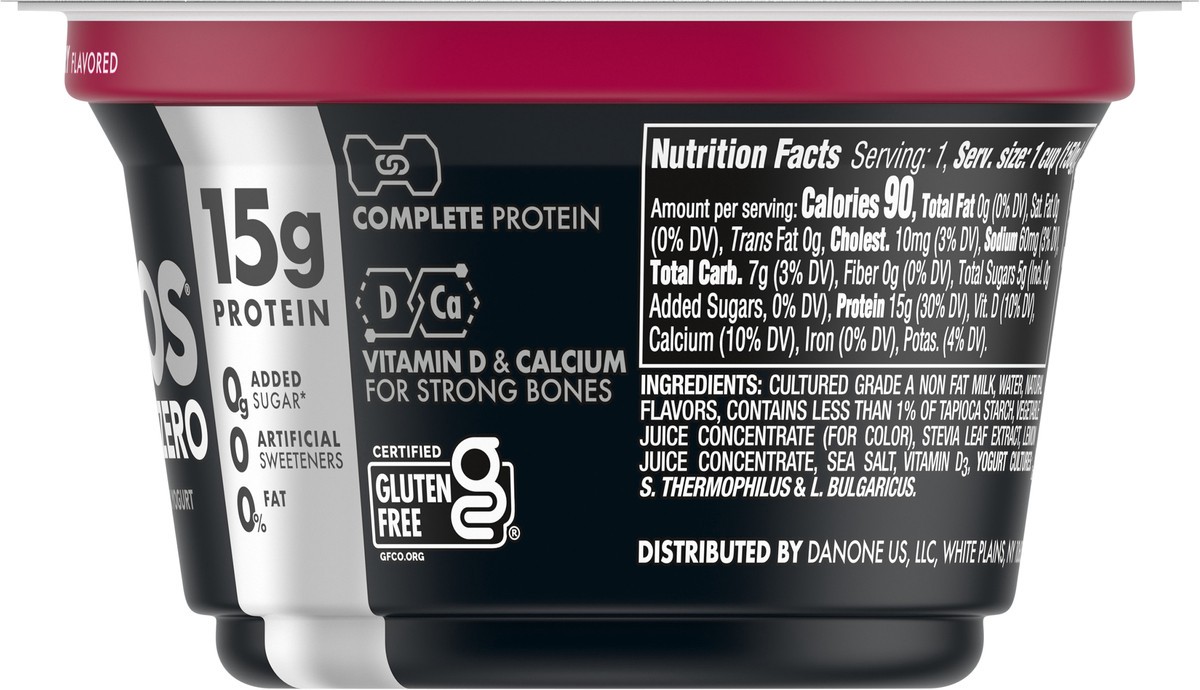 slide 6 of 9, Oikos Triple Zero Cherry Nonfat Greek Yogurt, 0% Fat, 0g Added Sugar and 0 Artificial Sweeteners, Just Delicious High Protein Yogurt, 5.3 OZ Cup, 5.3 oz