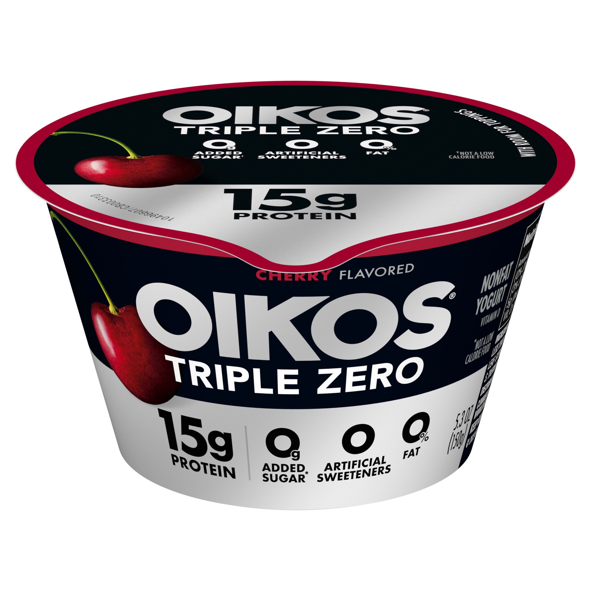 slide 1 of 9, Oikos Triple Zero Cherry Nonfat Greek Yogurt, 0% Fat, 0g Added Sugar and 0 Artificial Sweeteners, Just Delicious High Protein Yogurt, 5.3 OZ Cup, 5.3 oz