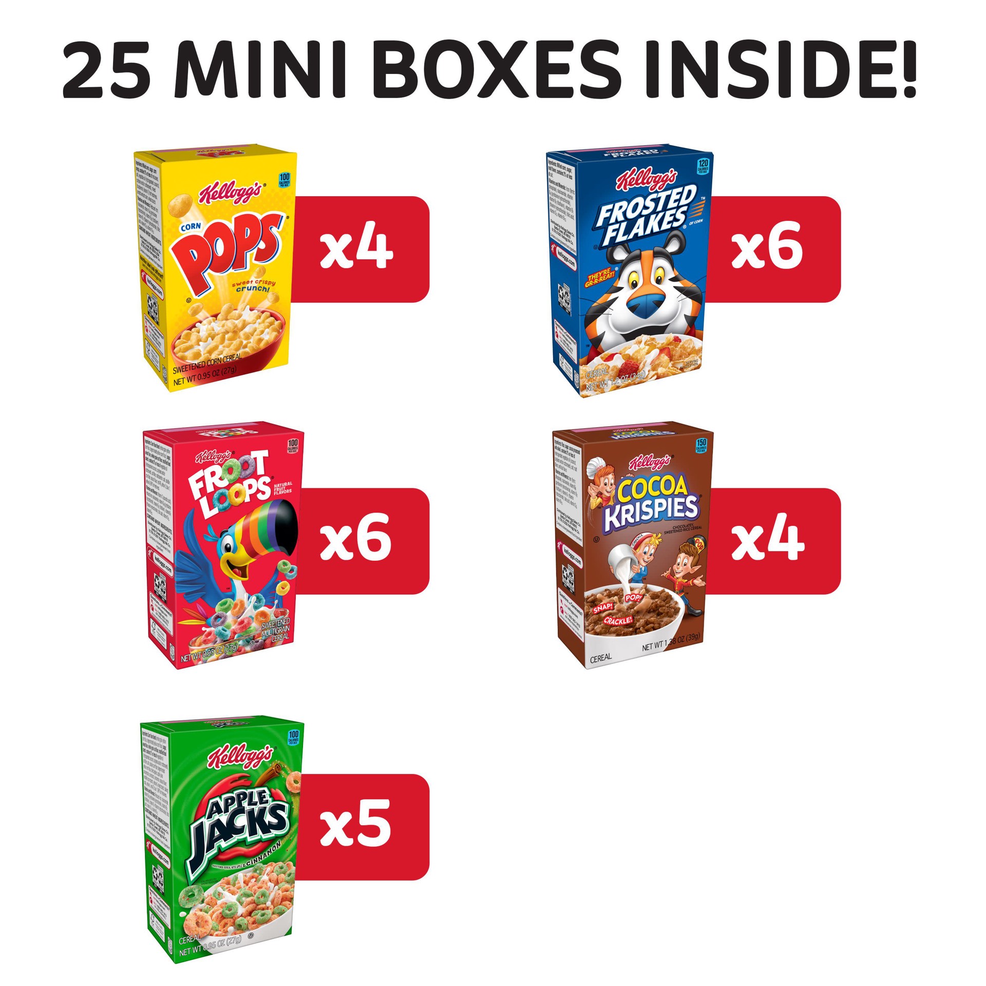 slide 2 of 5, Kellogg's Cold Breakfast Cereal Variety Pack, 26.97 oz, 25 Count, 25 ct