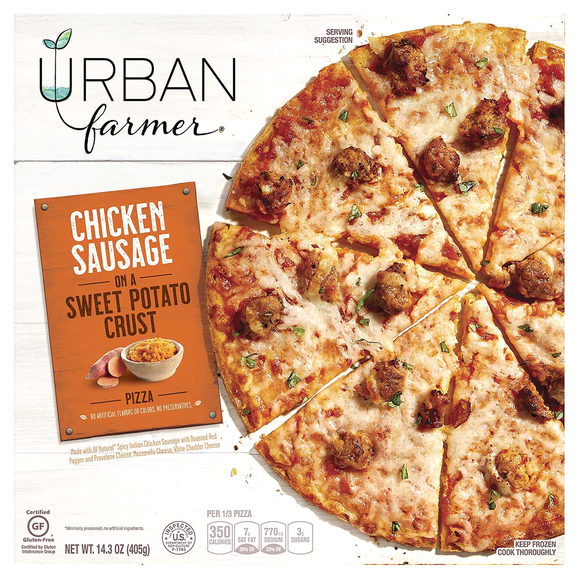 slide 1 of 8, Urban Farmer Chicken Sausage On A Sweet Potato Crust Pizza, 14.3 oz