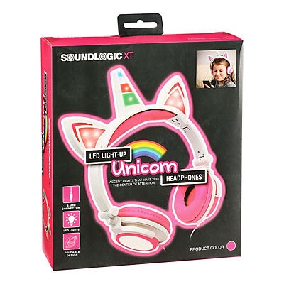 slide 1 of 1, Sound Logic Pink LED Light-Up Unicorn Headphones, 1 ct