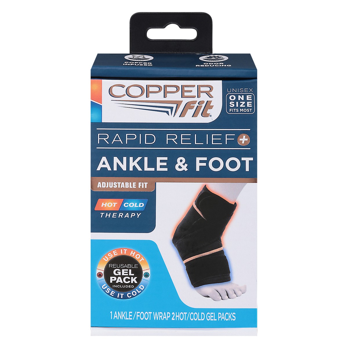 slide 1 of 9, Copper Fit Rapid Relief+ Hot/Cold Gel Packs Unisex Ankle & Foot Wrap One Size 3 Pieces 1 ea, 1 ct