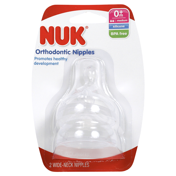 slide 1 of 1, NUK Orthodontic Medium Flow Silicone Nipples, 0M+, 2 ct