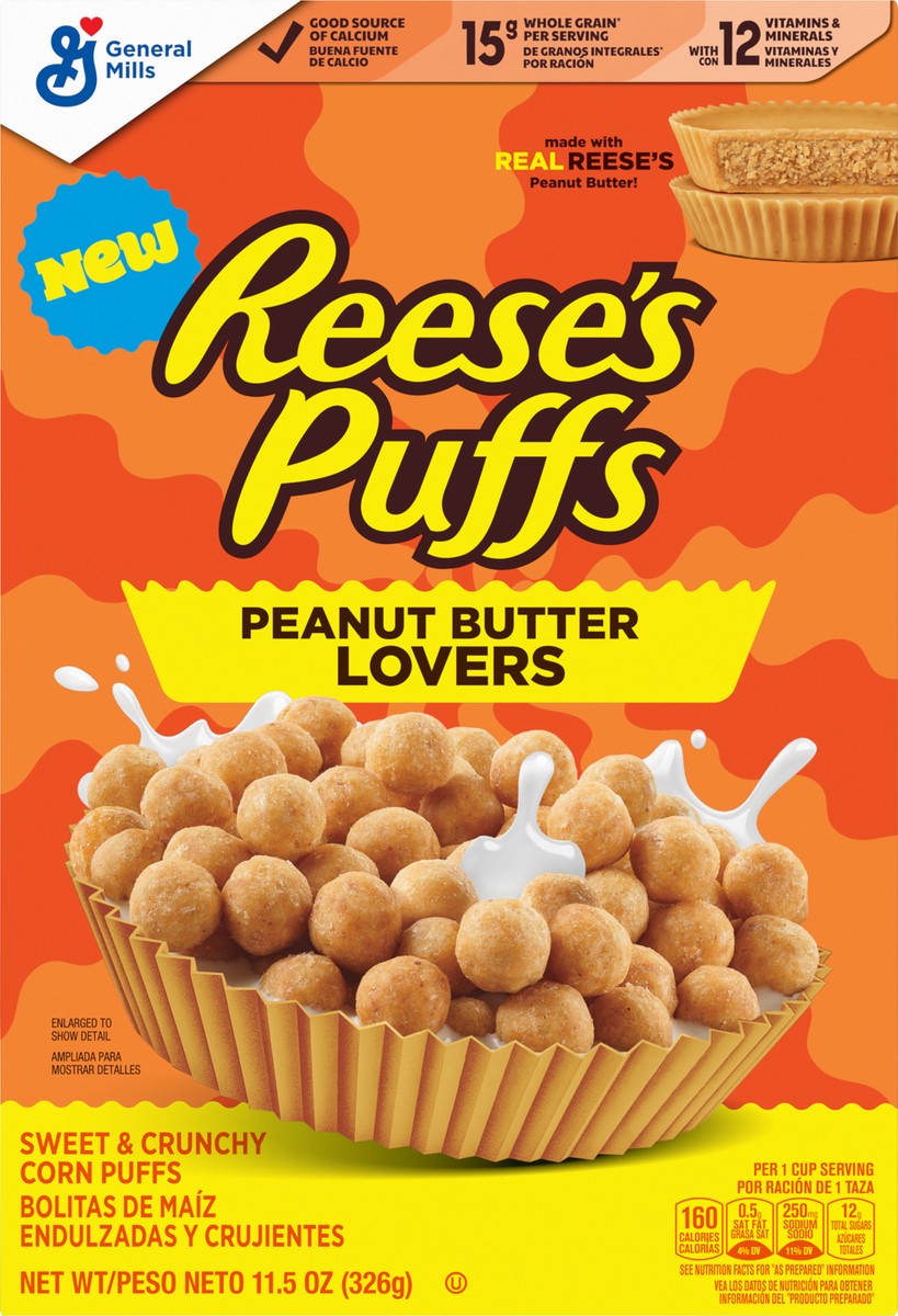slide 3 of 13, Reese's Puffs REESE''S PUFFS Peanut Butter Lovers Breakfast Cereal, Made with Whole Grain and Real REESE''S Peanut Butter, 11.5 oz, 11.5 oz