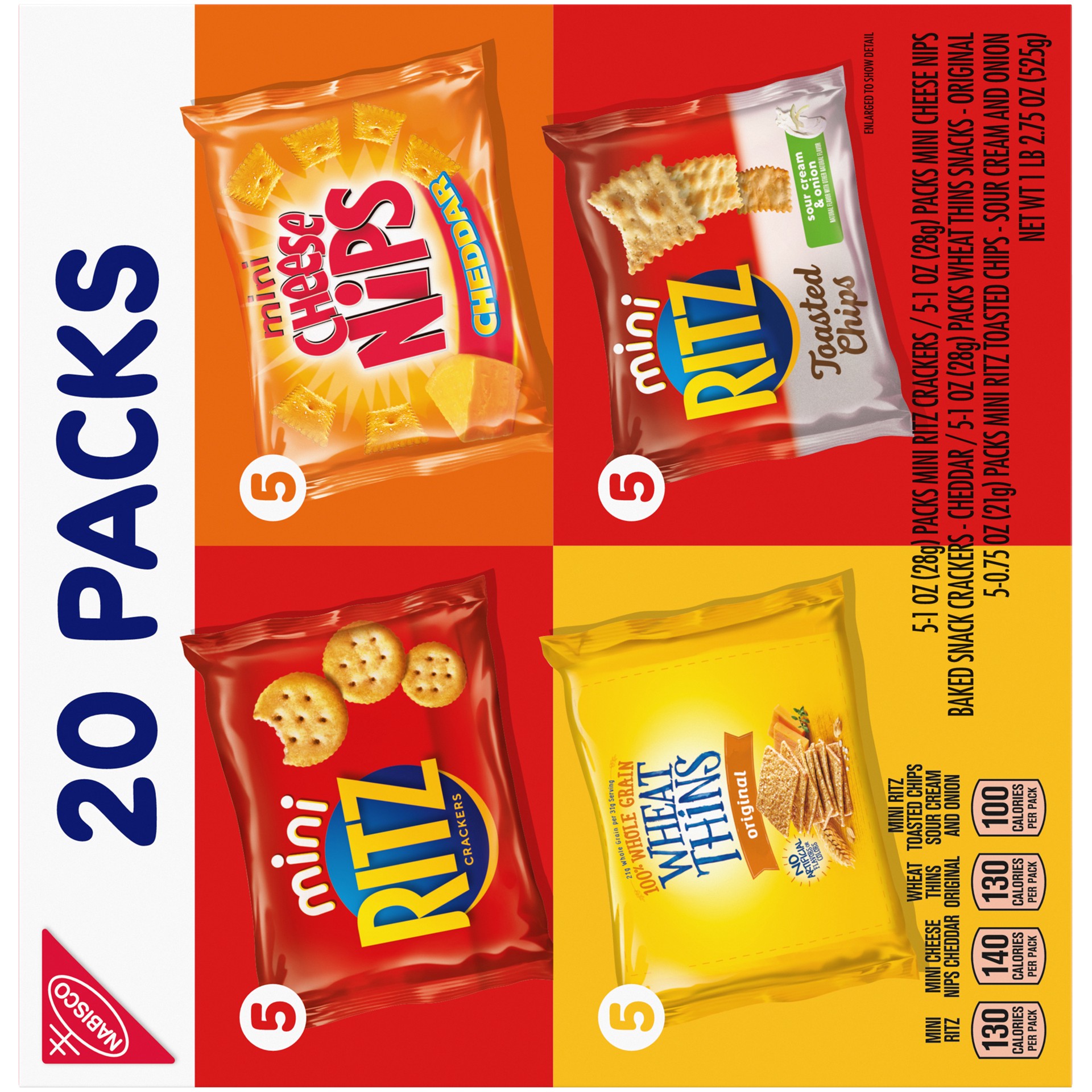 slide 4 of 5, Nabisco Savory Cracker Variety Pack, RITZ, Cheese Nips, Wheat Thins & RITZ Toasted Chips Sour Cream and Onion, 20 Snack Packs, 1.17 lb