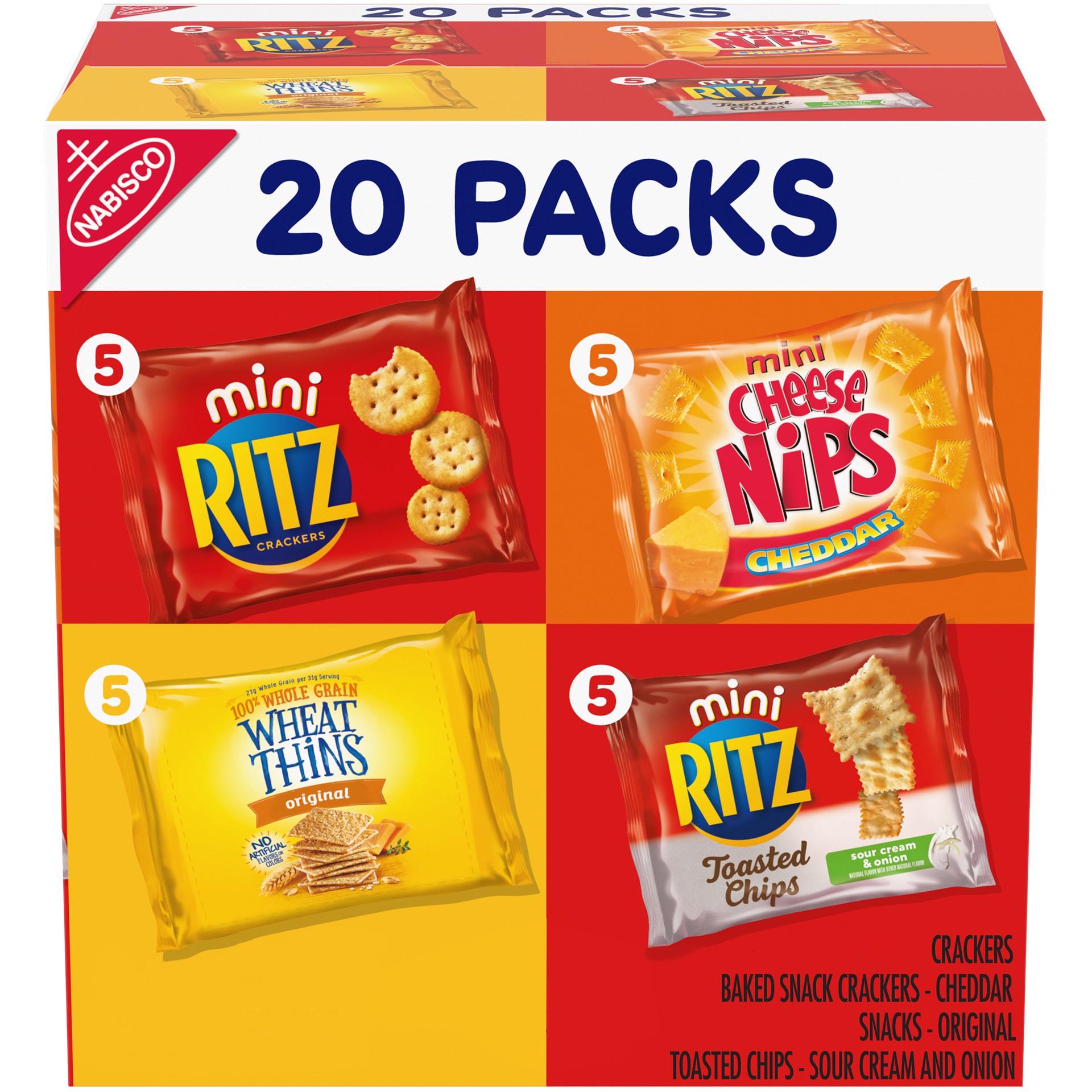 slide 1 of 5, Nabisco Savory Cracker Variety Pack, RITZ, Cheese Nips, Wheat Thins & RITZ Toasted Chips Sour Cream and Onion, 20 Snack Packs, 1.17 lb