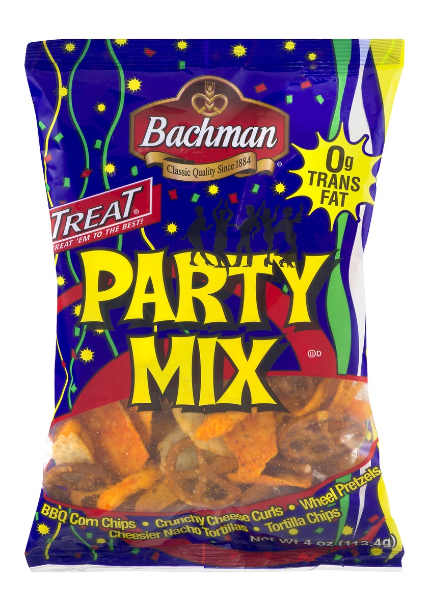 slide 1 of 1, Bachman Party Mix Bbq Corn, Cheese Curls, Wheel Pretzel, Nacho Tortillas, Tortilla Chips, 5 oz