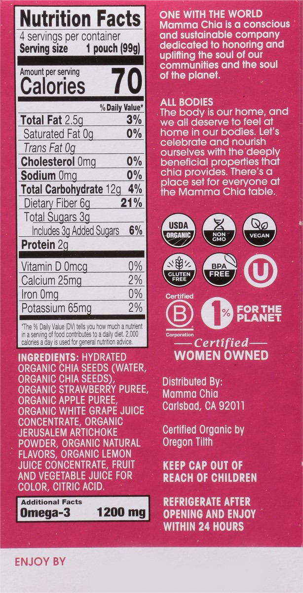 slide 2 of 13, Mamma Chia Organic Strawberry Lemonade Prebiotic Squeeze Snack 4 - 3.5 oz Each, 4 ct