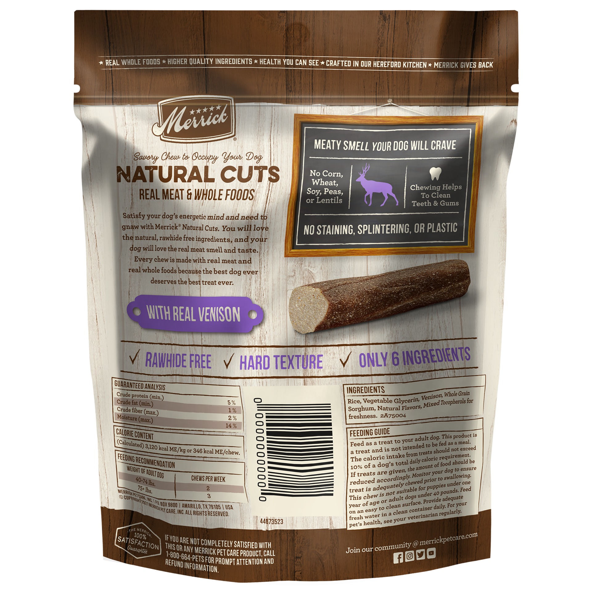 slide 4 of 4, Merrick Natural Cuts Rawhide Free Dog Treats, Hard Texture Dog Chew with Real Venison for Large Dogs - 10.9 oz Pouch, 3 count, 1 ct