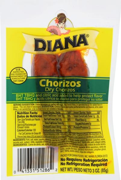 slide 1 of 1, Diana Dry Chorizos, 3 oz