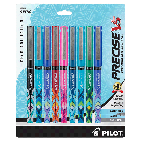 slide 1 of 1, Pilot Precise V5 Deco Collection Premium Rolling Ball Stick Pens, Extra Fine Point, Assorted Ink, 9 ct