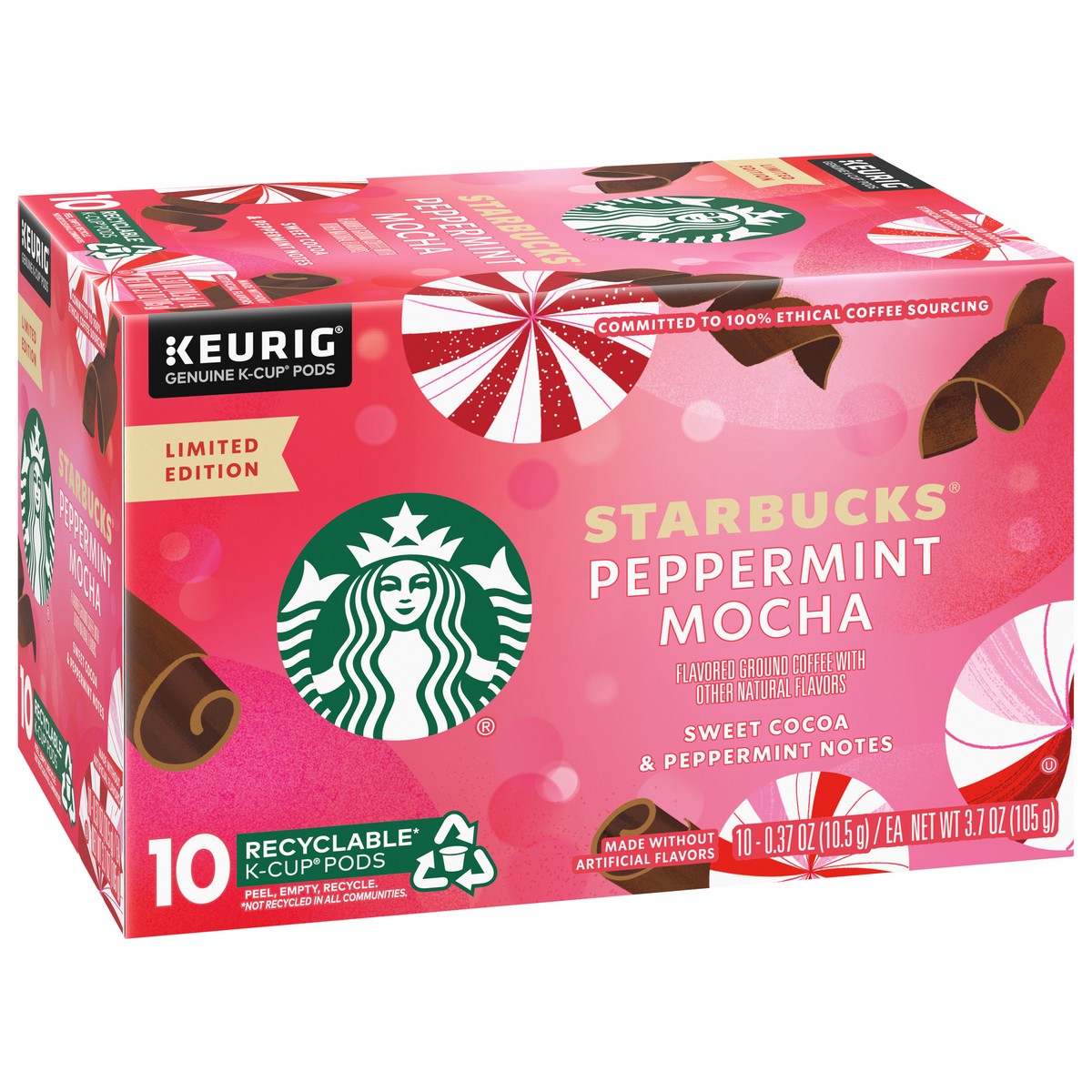 slide 4 of 9, Starbucks K-Cup Coffee Pods, Peppermint Mocha Naturally Flavored Coffee for Keurig Coffee Makers, 100% Arabica, Limited Edition Holiday Coffee, 1 Box (10 Pods), 3.7 oz