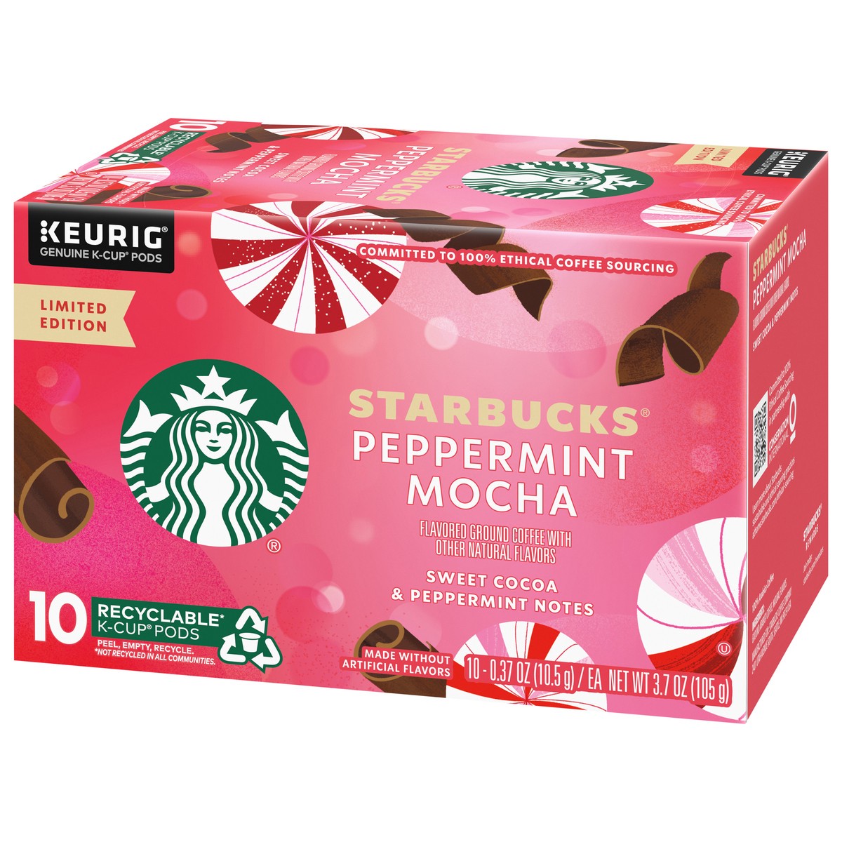 slide 2 of 9, Starbucks K-Cup Coffee Pods, Peppermint Mocha Naturally Flavored Coffee for Keurig Coffee Makers, 100% Arabica, Limited Edition Holiday Coffee, 1 Box (10 Pods), 3.7 oz