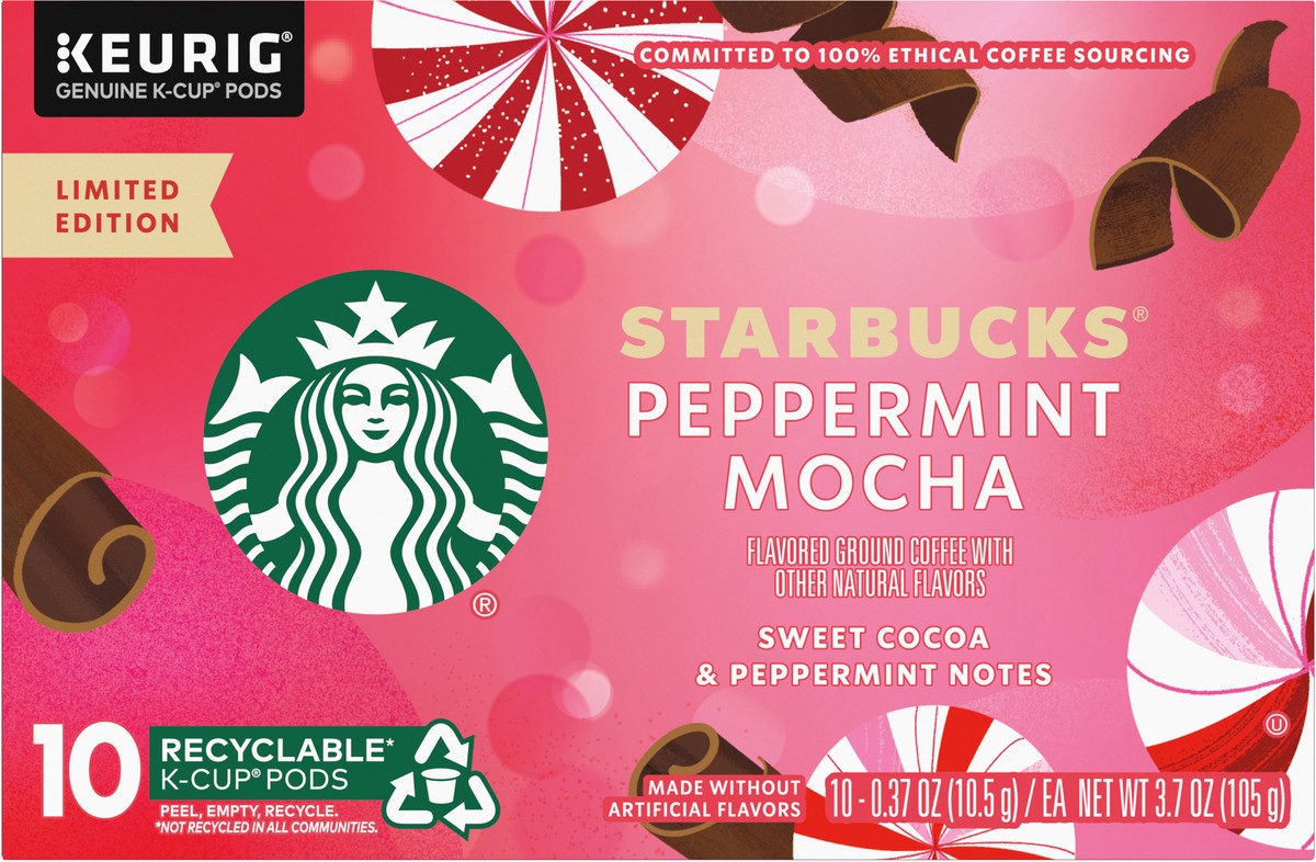 slide 3 of 9, Starbucks K-Cup Coffee Pods, Peppermint Mocha Naturally Flavored Coffee for Keurig Coffee Makers, 100% Arabica, Limited Edition Holiday Coffee, 1 Box (10 Pods), 3.7 oz