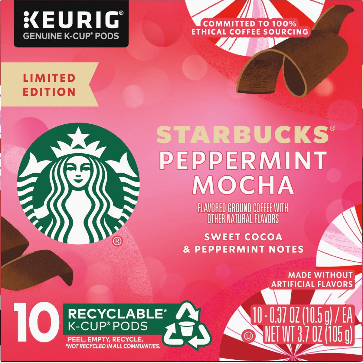 slide 9 of 9, Starbucks K-Cup Coffee Pods, Peppermint Mocha Naturally Flavored Coffee for Keurig Coffee Makers, 100% Arabica, Limited Edition Holiday Coffee, 1 Box (10 Pods), 3.7 oz