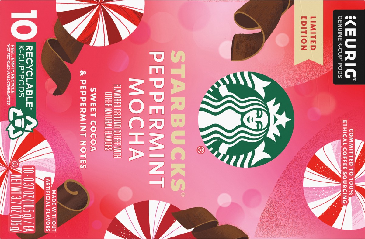 slide 6 of 9, Starbucks K-Cup Coffee Pods, Peppermint Mocha Naturally Flavored Coffee for Keurig Coffee Makers, 100% Arabica, Limited Edition Holiday Coffee, 1 Box (10 Pods), 3.7 oz