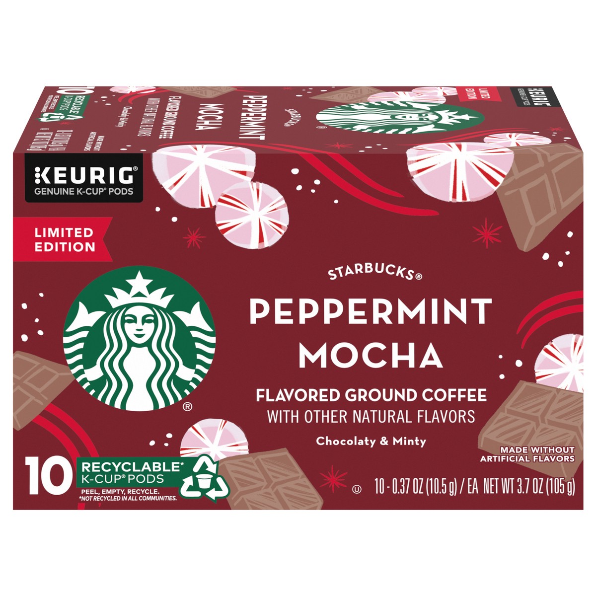 slide 1 of 9, Starbucks Flavored K-Cup Coffee Pods — Peppermint Mocha for Keurig Brewers — 1 box (10 pods), 10 ct