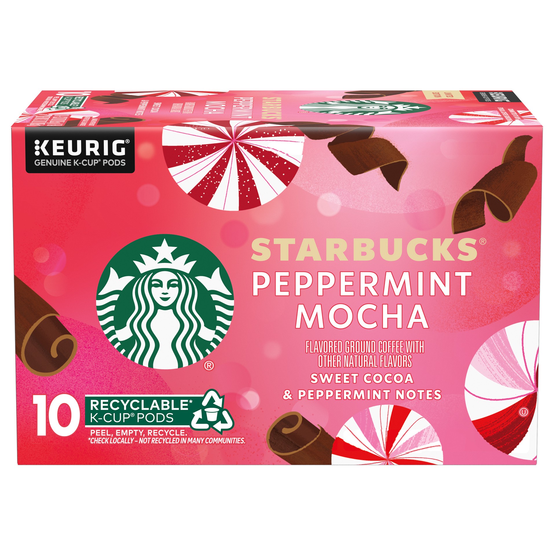 slide 1 of 9, Starbucks K-Cup Coffee Pods, Peppermint Mocha Naturally Flavored Coffee for Keurig Coffee Makers, 100% Arabica, Limited Edition Holiday Coffee, 1 Box (10 Pods), 3.7 oz