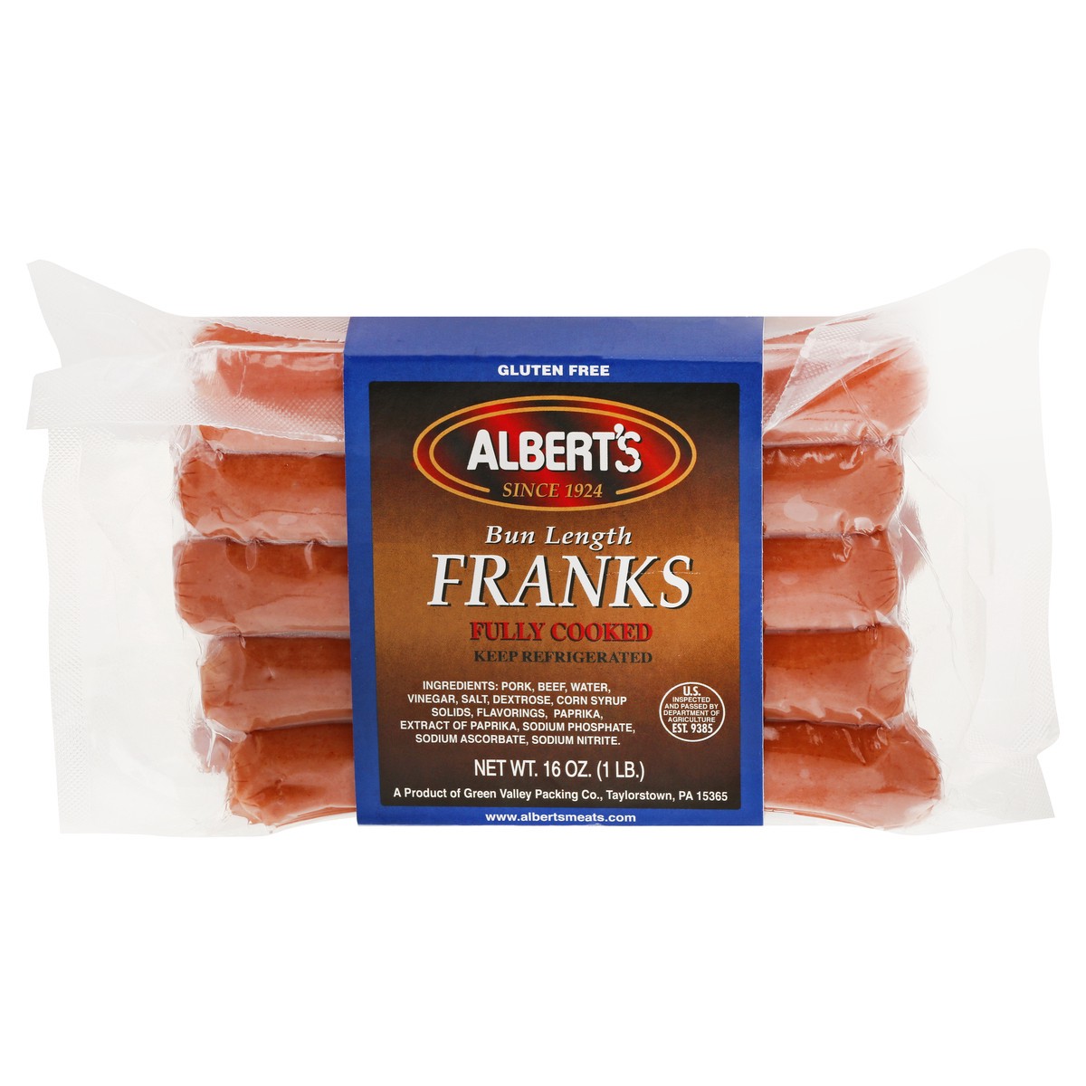 slide 1 of 13, Albert's Fully Cooked Bun Length Franks 16 oz, 16 oz
