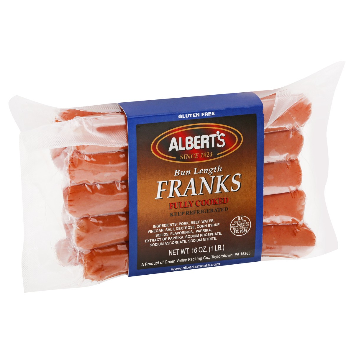 slide 13 of 13, Albert's Fully Cooked Bun Length Franks 16 oz, 16 oz