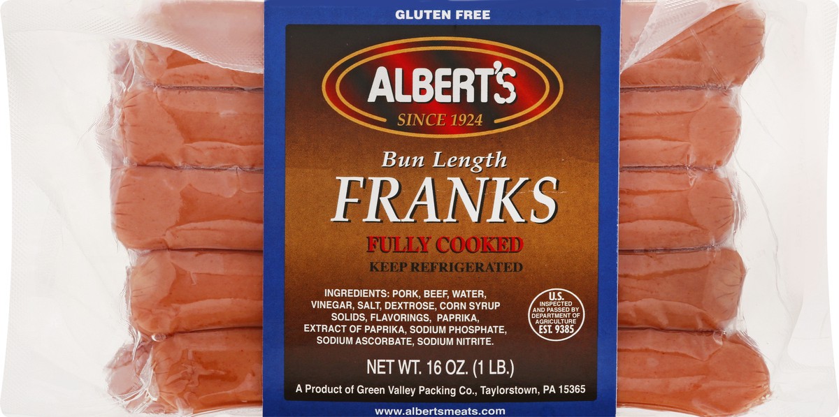 slide 1 of 13, Albert's Fully Cooked Bun Length Franks 16 oz, 16 oz