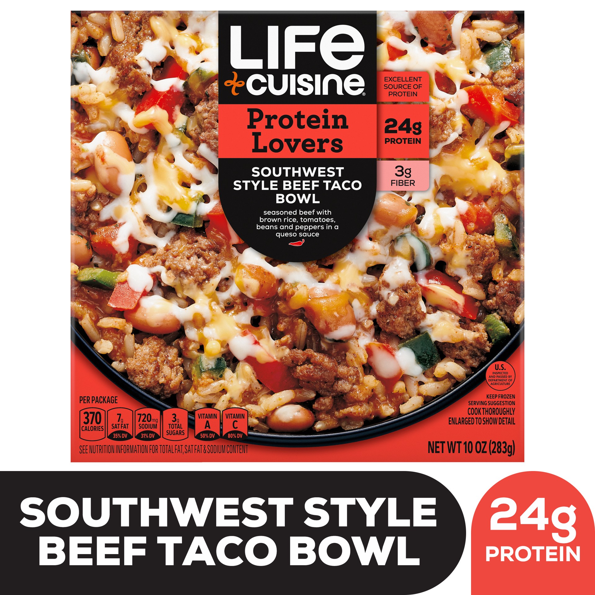 slide 1 of 9, Life Cuisine Frozen Meal Southwest Style Beef Taco Bowl, Protein Lovers Microwave Meal, High Protein Dinner for One, 10 oz