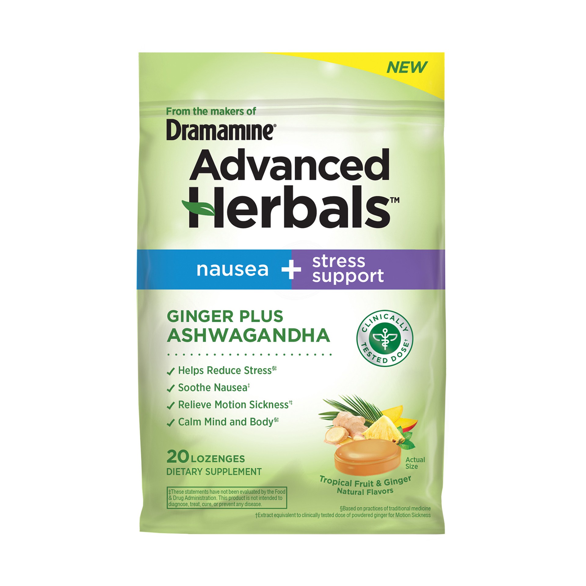 slide 1 of 1, Dramamine Advanced Herbals by Dramamine, Nausea + Stress Support Lozenges with Ginger & Ashwagandha, 20 Ct, 20 ct