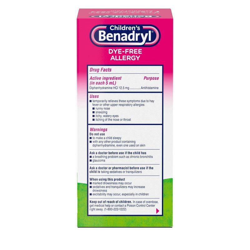 slide 7 of 7, Benadryl Dye-Free Allergy Liquid, Bubble Gum, 8 fl. oz, 8 fl oz