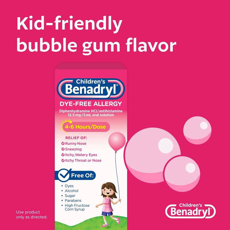 slide 4 of 7, Benadryl Dye-Free Allergy Liquid, Bubble Gum, 8 fl. oz, 8 fl oz