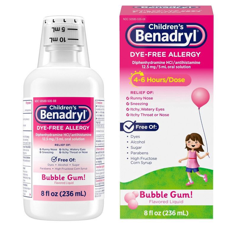 slide 3 of 7, Benadryl Dye-Free Allergy Liquid, Bubble Gum, 8 fl. oz, 8 fl oz