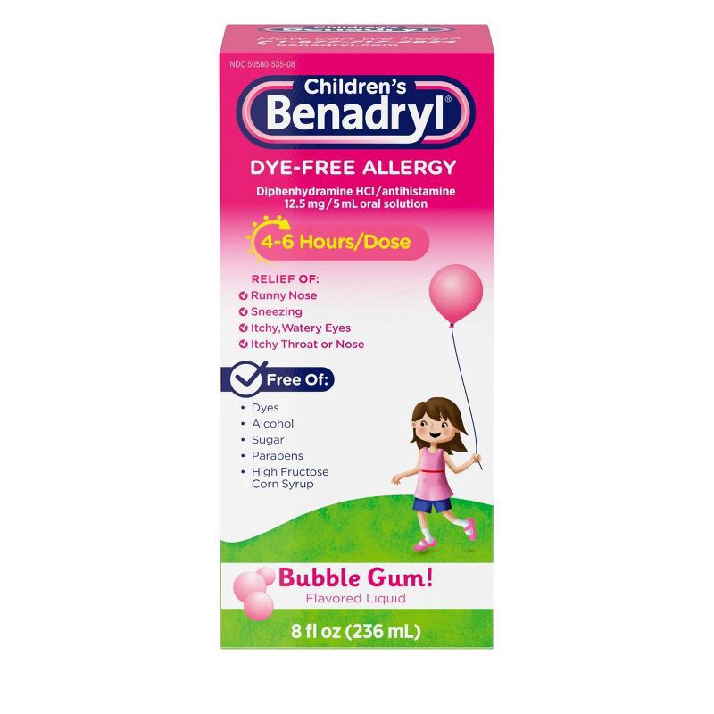 slide 1 of 7, Benadryl Dye-Free Allergy Liquid, Bubble Gum, 8 fl. oz, 8 fl oz