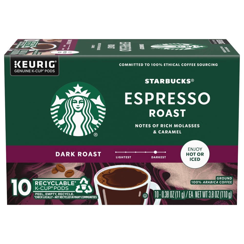 slide 1 of 4, Starbucks Dark Roast Ground 100% Arabica Espresso Roast Coffee 10 - 0.38 oz K-Cup Pods, 10 ct