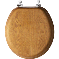 slide 3 of 5, Mayfair Round Natural Reflections Wood Veneer Toilet Seat with Chrome Hinge, Oak, 17 in