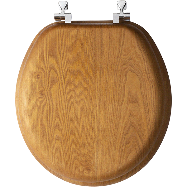 slide 4 of 5, Mayfair Round Natural Reflections Wood Veneer Toilet Seat with Chrome Hinge, Oak, 17 in