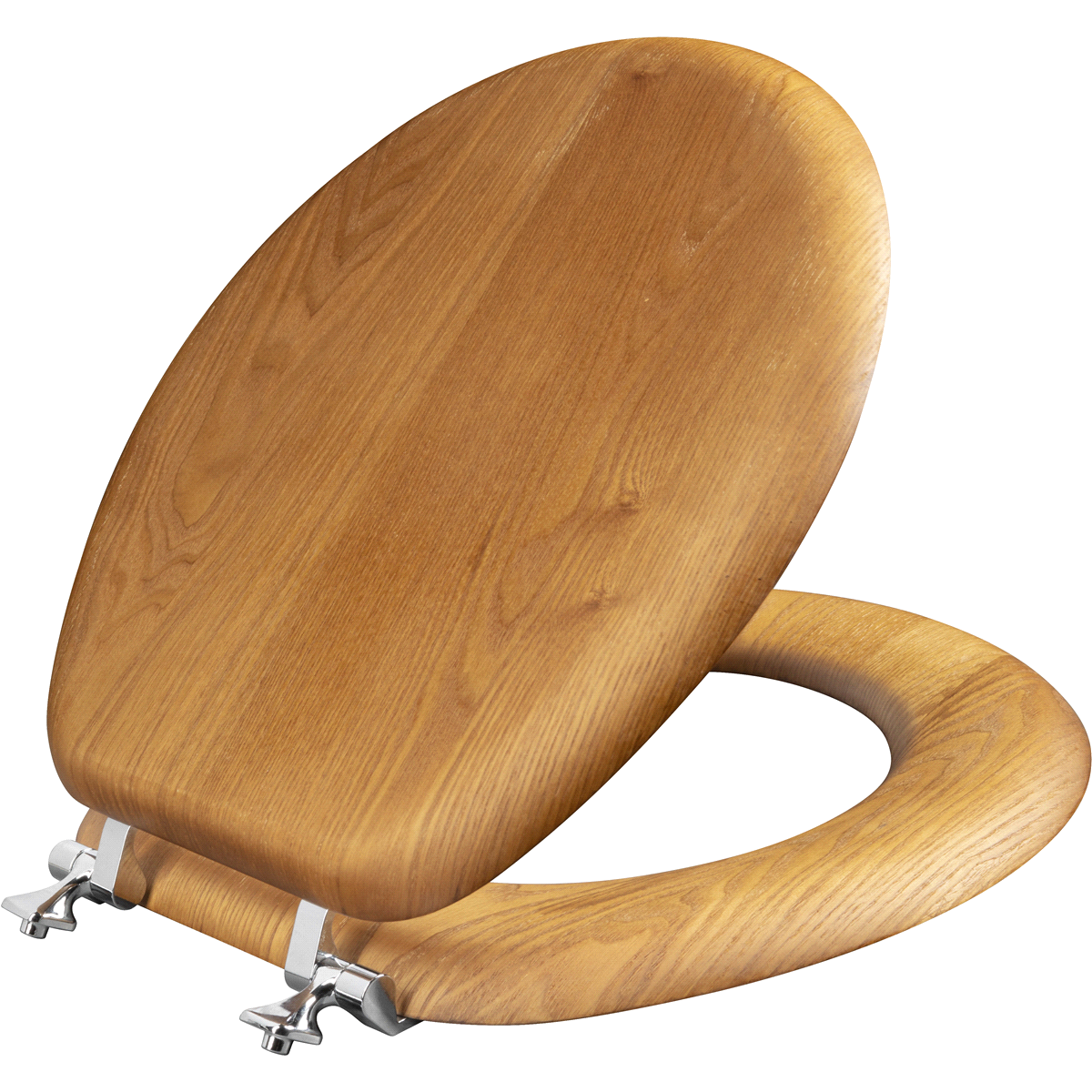 slide 1 of 1, Round Natural Reflections Wood Veneer Toilet Seat with Chrome Hinge, Oak, 17 in