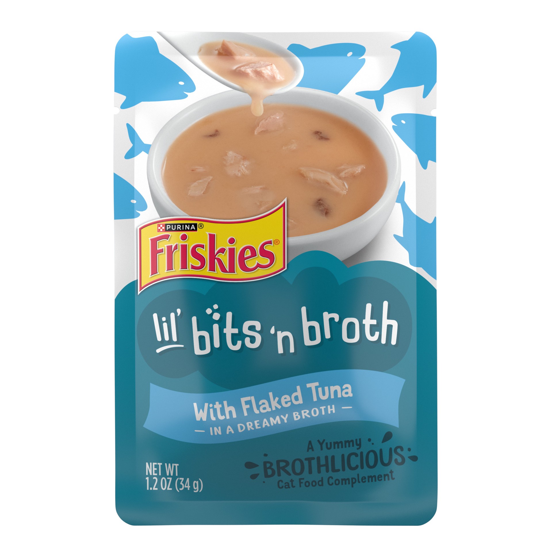 slide 1 of 7, Friskies Purina Friskies Lickable Cat Food Toppers Bits ‘n Broth With Flaked Tuna in a Dreamy Broth, 1.2 oz