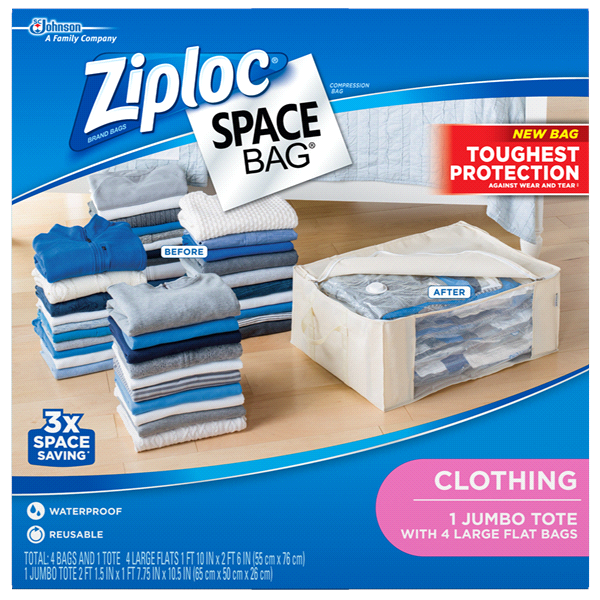 slide 1 of 1, Ziploc Space Bags Jumbo Tote Shell And Large Bags, 5 ct