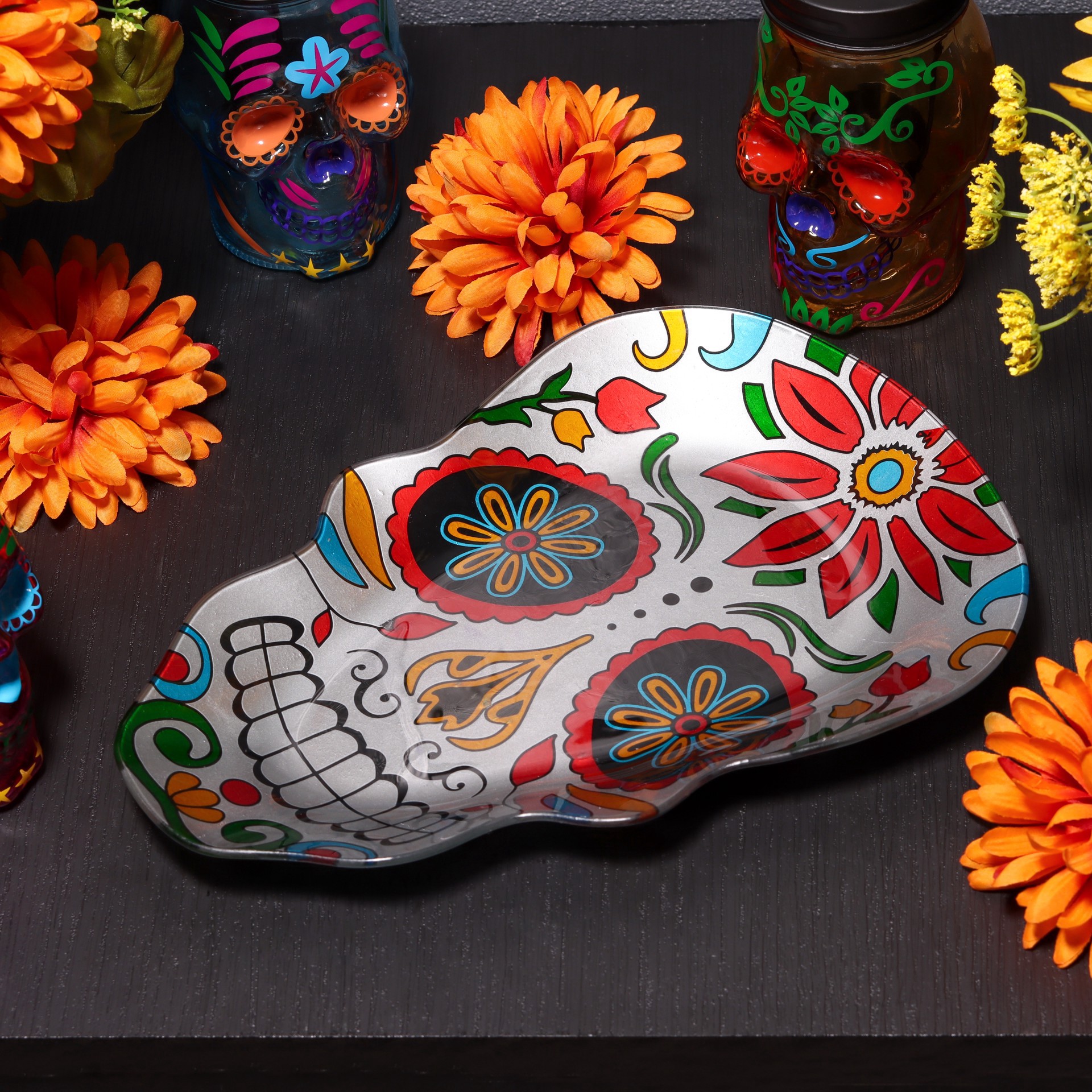 slide 5 of 6, 12" Sugar Skull Decorative Glass Plate By Ashland, 12 in