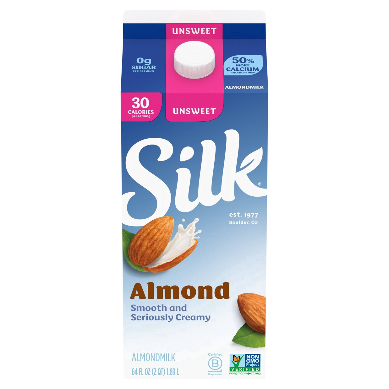 slide 11 of 41, Silk Almond Milk, Unsweet, Dairy Free, Gluten Free, Seriously Creamy Vegan Milk with 50% More Calcium than Dairy Milk, 64 FL OZ Half Gallon, 64 fl oz