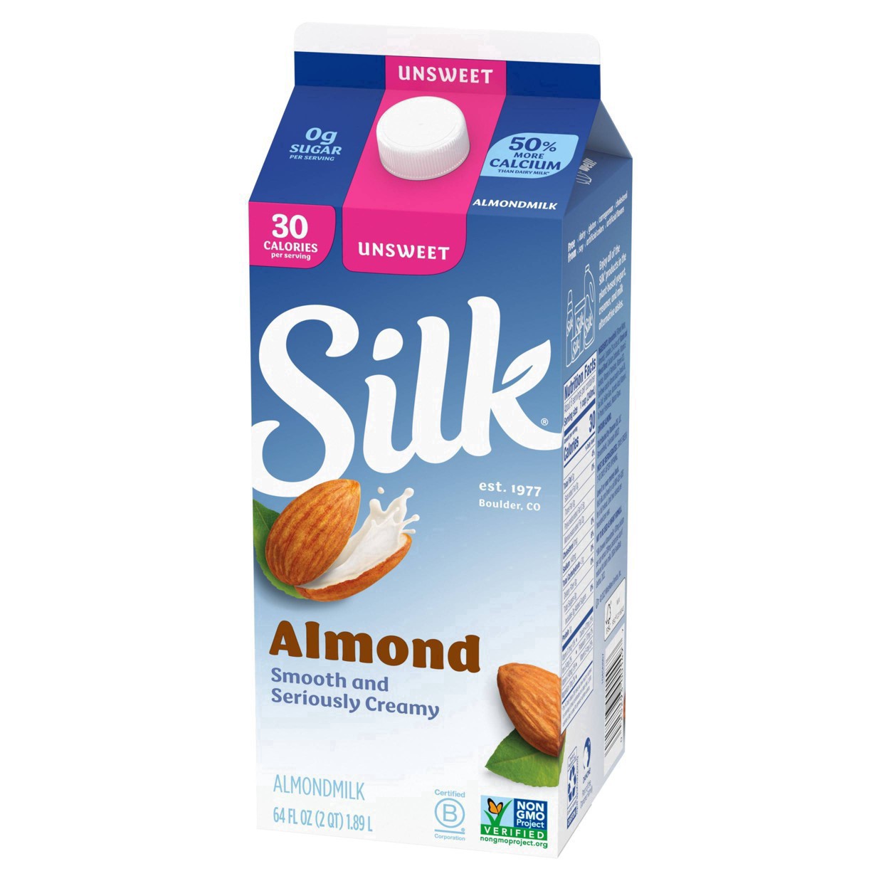 slide 30 of 41, Silk Almond Milk, Unsweet, Dairy Free, Gluten Free, Seriously Creamy Vegan Milk with 50% More Calcium than Dairy Milk, 64 FL OZ Half Gallon, 64 fl oz