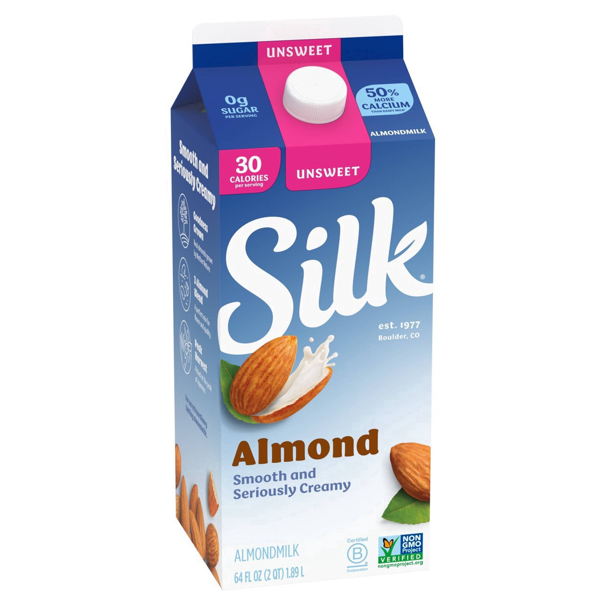 slide 3 of 41, Silk Almond Milk, Unsweet, Dairy Free, Gluten Free, Seriously Creamy Vegan Milk with 50% More Calcium than Dairy Milk, 64 FL OZ Half Gallon, 64 fl oz