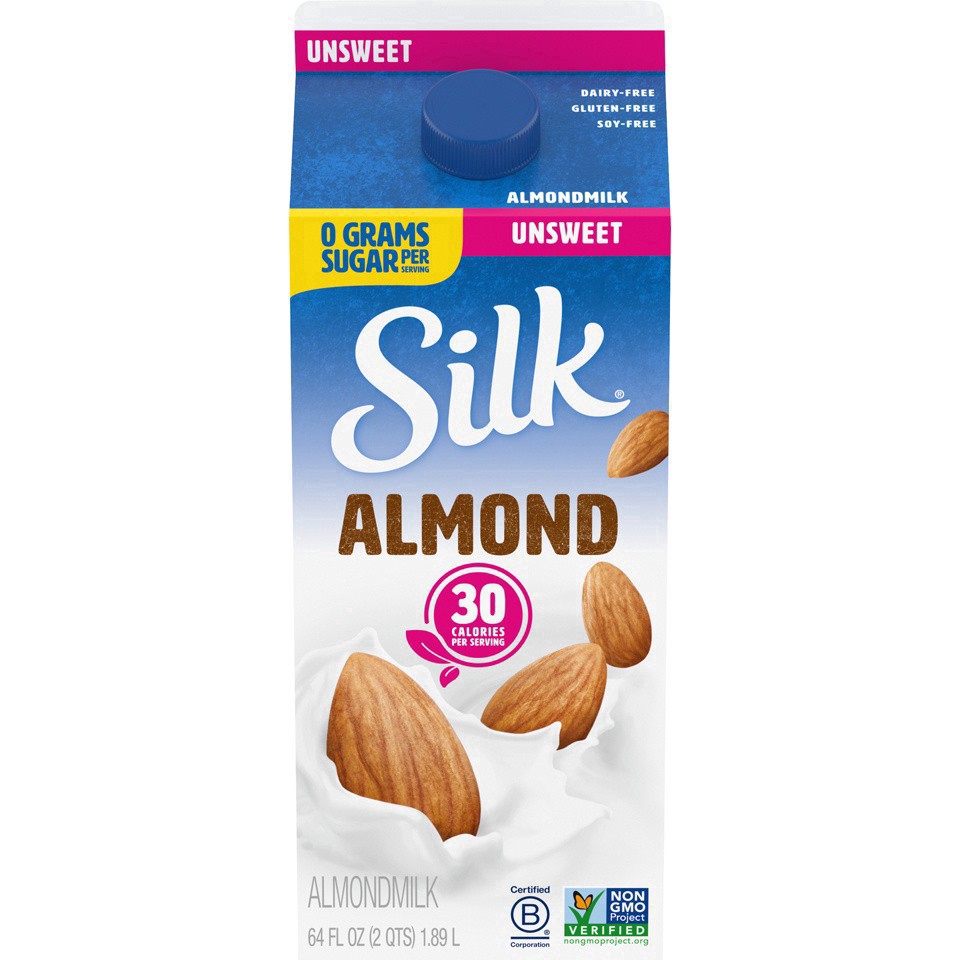 slide 5 of 41, Silk Almond Milk, Unsweet, Dairy Free, Gluten Free, Seriously Creamy Vegan Milk with 50% More Calcium than Dairy Milk, 64 FL OZ Half Gallon, 64 fl oz