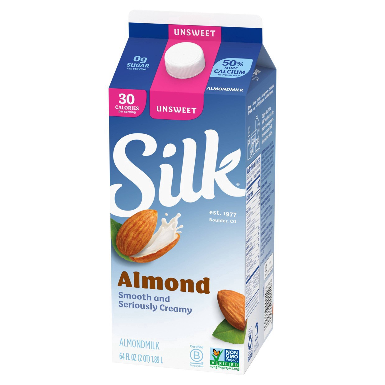 slide 35 of 41, Silk Almond Milk, Unsweet, Dairy Free, Gluten Free, Seriously Creamy Vegan Milk with 50% More Calcium than Dairy Milk, 64 FL OZ Half Gallon, 64 fl oz