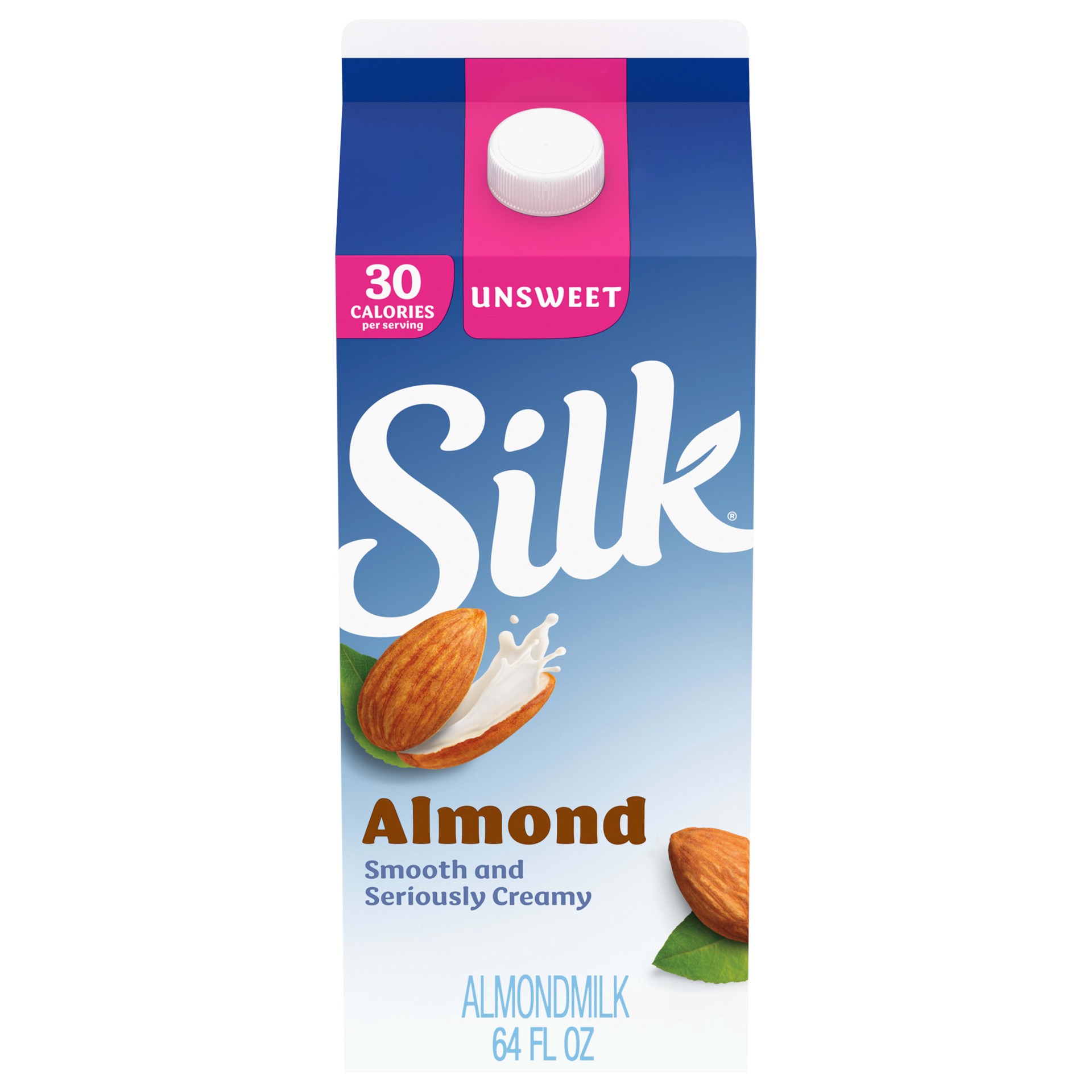 slide 1 of 41, Silk Almond Milk, Unsweet, Dairy Free, Gluten Free, Seriously Creamy Vegan Milk with 50% More Calcium than Dairy Milk, 64 FL OZ Half Gallon, 64 fl oz