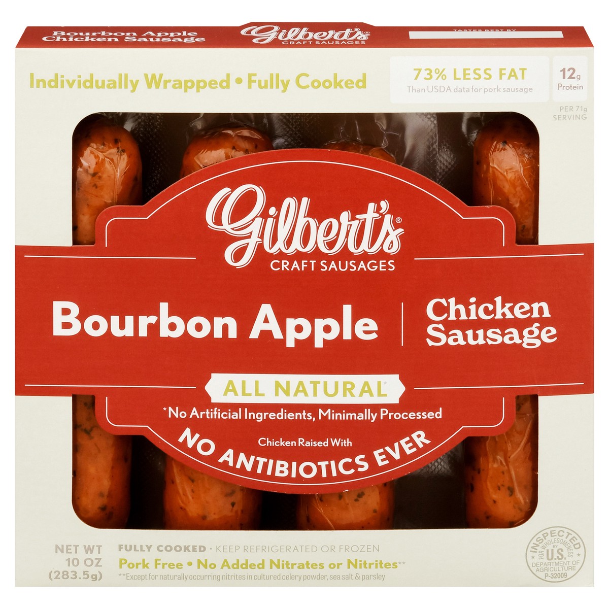 slide 1 of 9, Gilbert's Bourbon Apple Chicken Sausage 10 oz, 10 oz