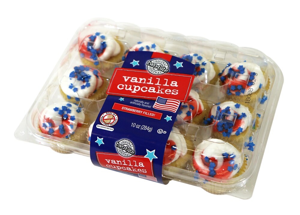 slide 1 of 1, two-bite Patriotic Strawberry Filled Vanilla Cupcakes, 12 ct; 10 oz